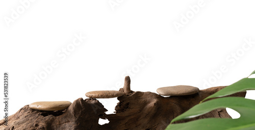 Stone product display podium on old log, Isolated on white background