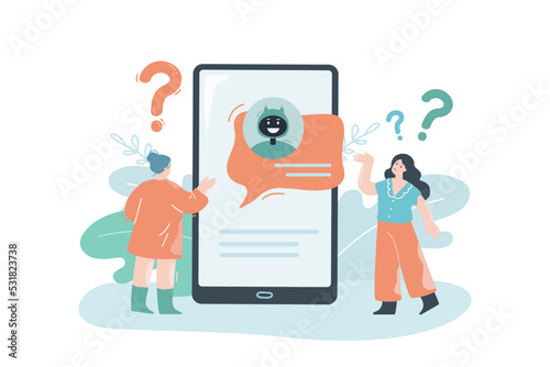 Users chatting with chat bot flat vector illustration. Robot trying to help clients online. Assistance, aid, support concept for banner, website design or landing web page
