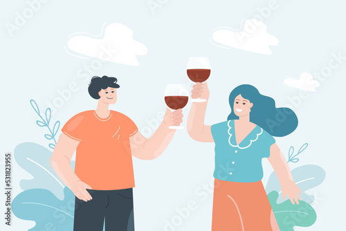 Man and woman drinking wine flat vector illustration. Couple spending time together, having romantic date. Love, recreation concept for banner, website design or landing web page
