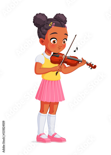 African American school girl playing violin. Cartoon vector illustration.