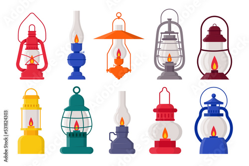 Vintage kerosene lamps vector illustrations set. Collection of old oil, gas lanterns with holders and burning candles, lighting for miners or travelers on white background. Camping, traveling concept