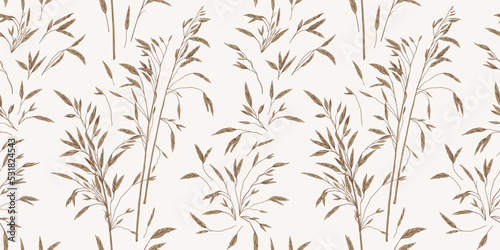 Seamless pattern with dried grass. Beige ornament and white background. © Anna