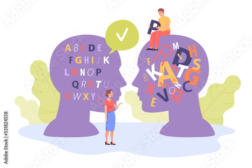 Tiny people and huge heads with organized and mixed alphabet. Man with dyslexia or reading and understanding problem flat vector illustration. Dyslexia, communication, disorder concept for banner