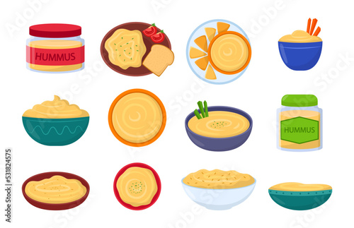 Hummus and snacks vector illustrations set. Collection of cartoon drawings of Arabic bean paste in bowls and glass jars isolated on white background. Food, nutrition concept