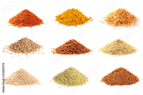 Set of Different spices and herbs isolated on white background.