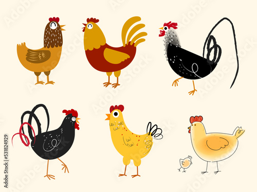Set of chicken, rooster and hen icon character mascot vector illustration.
