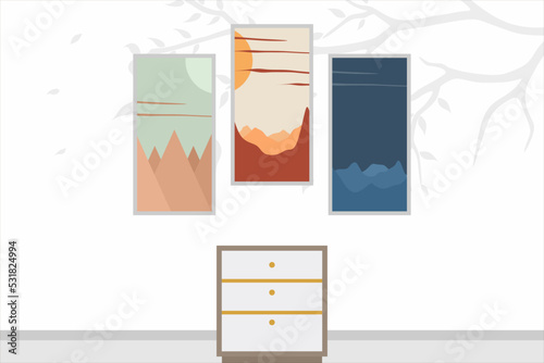Abstract set landscape posters in flat style. Modern colorful hand drawn design background for social media, cover, wall decor, web design, interior