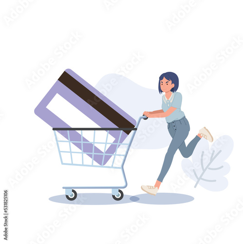 woman Run with Shopping Cart Card and credit card inside. Shopping concept. Vector illustration.