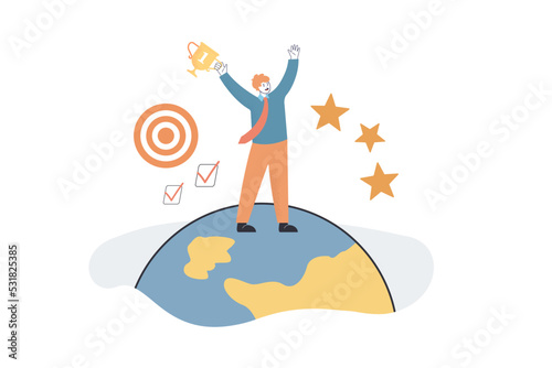 Man holding trophy, standing on planet flat vector illustration. Male character achieving goal, winning competition. Leadership, growth, success concept for banner, website design or landing web page