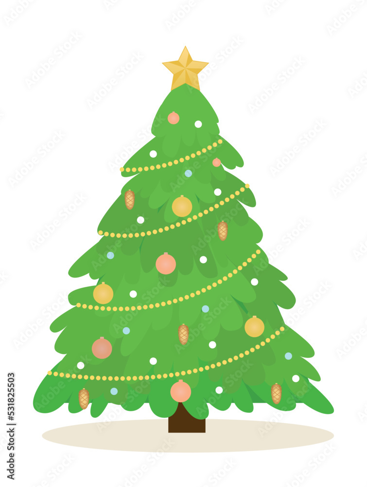 Merry Christmas and Happy New Year. Organic Christmas tree with lush branches, garland, pinecones, hanging balls and star. Design element for holiday party invitation. Cartoon flat vector illustration Merry Christmas and Happy New Year. Organic Christmas tree with lush branches, garland, pinecones, hanging balls and star. Design element for holiday party invitation. Cartoon flat vector illustration