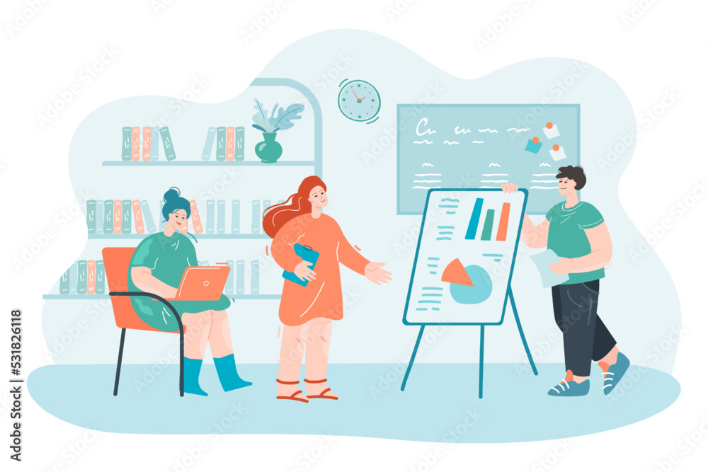 Team working together flat vector illustration. Workers analyzing statistic on whiteboard, brainstorming. Partnership, cooperation, collaboration concept for banner, website design or landing web page