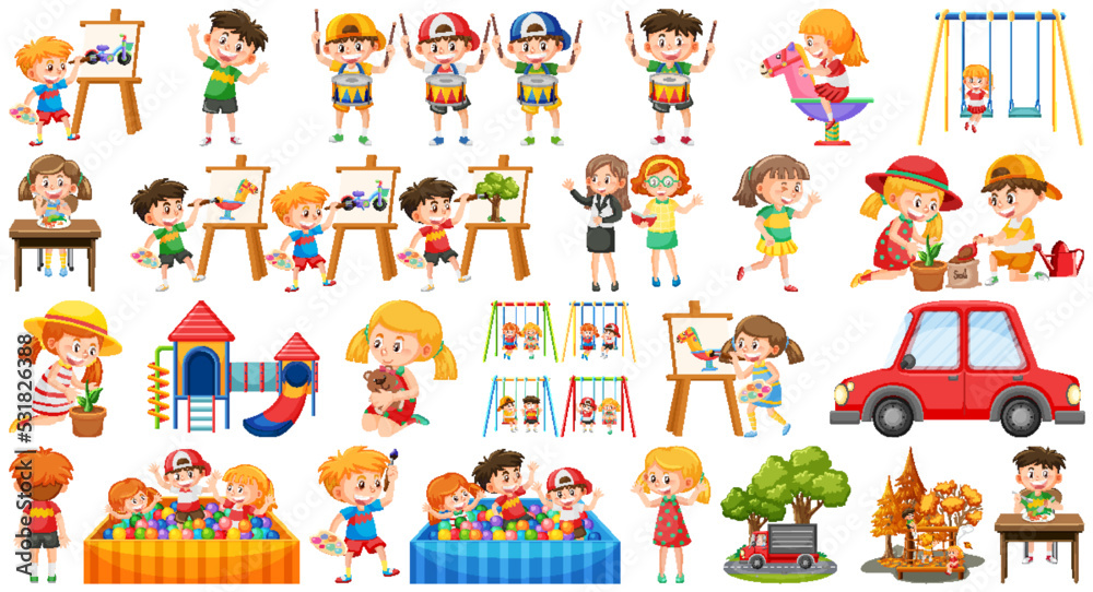 Set of children doing different activities Set of children doing different activities
