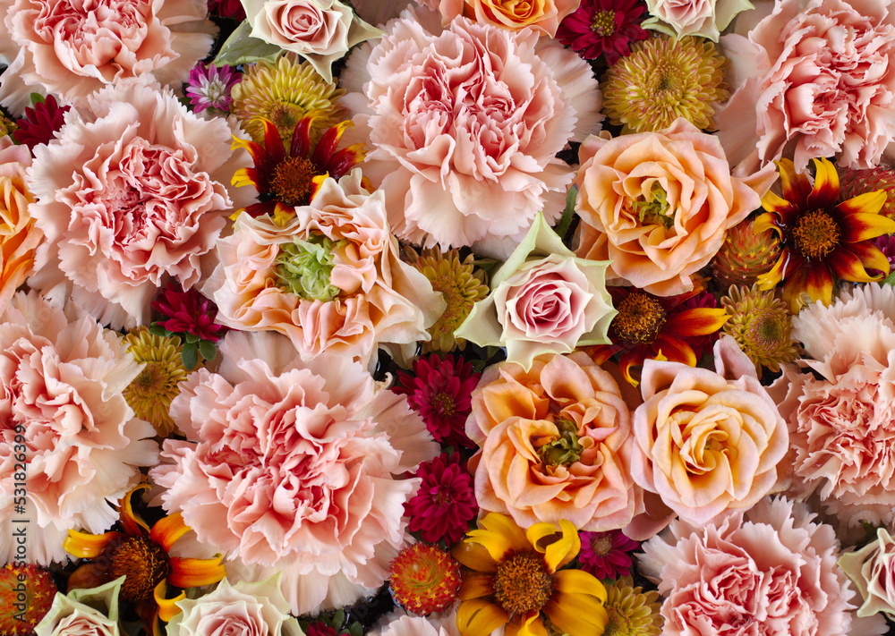 Beautiful wedding flower background. Arrangement of gazania, roses and carnations