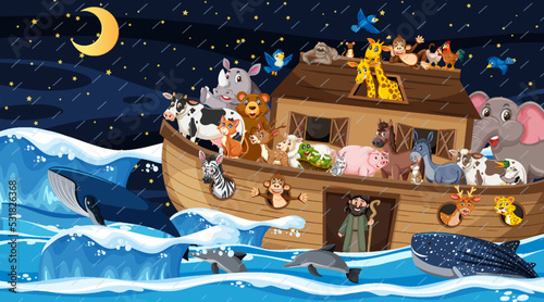 Ocean scene with Noah's ark with animals