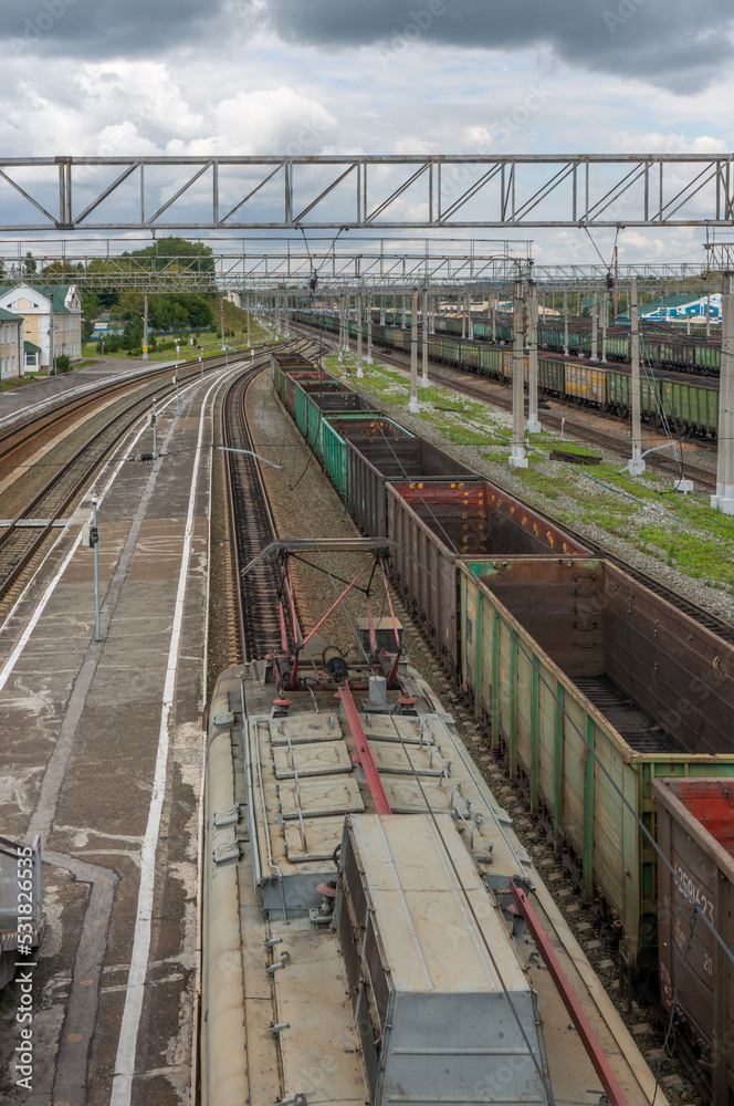 Freight cars on the tracks of the railway station