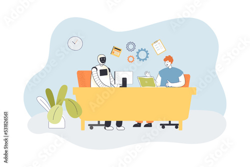 Robot and human working together flat vector illustration. Man and cyborg sitting at desk, using laptop. AI, artificial intelligence, cooperation concept for banner, website design or landing web page