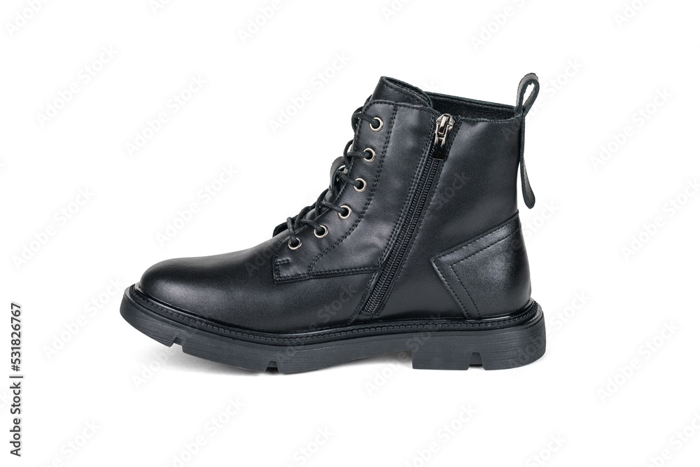 Leather boot with zipper and laces insulated on a white background.