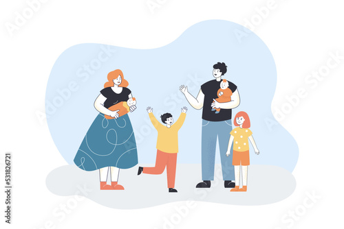 Happy family with children flat vector illustration. Mother and father with newborn babies and kids. Family spending time together. Love, care concept for banner, website design or landing web page