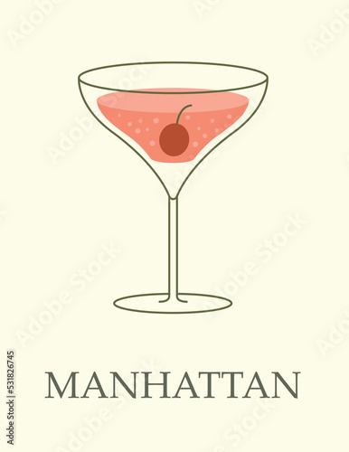 Alcoholic cocktail in goblet. Delicious whiskey and vermouth Manhattan garnished with cherries. Popular refreshing drink in bars. Design element for cafe menu. Cartoon flat vector illustration