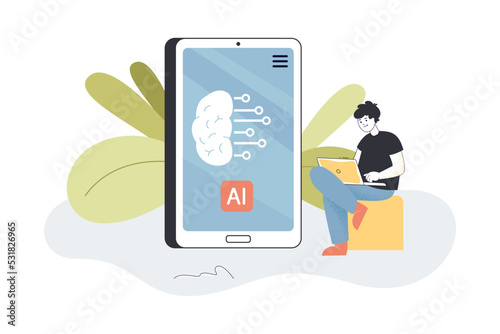 Huge phone with AI sign on screen flat vector illustration. Tiny man sitting and working on laptop. Artificial intelligence, future, machine concept for banner, website design or landing web page