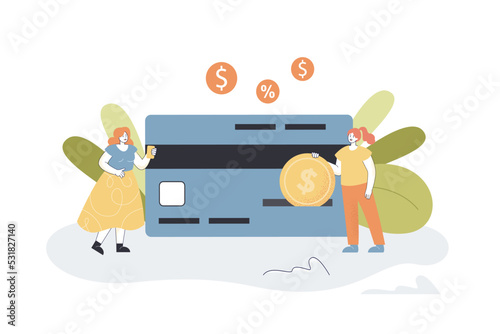 Tiny people near huge credit card flat vector illustration. Women transferring money. Finance, banking, payment concept for banner, website design or landing web page