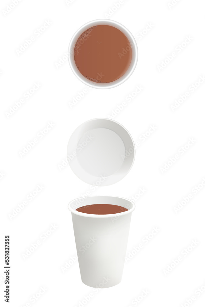 Coffee in paper cup. Delicious cocoa drink with cream, robusta and ...