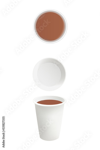 Coffee in paper cup. Delicious cocoa drink with cream, robusta and arabica. invigorating beverage. Design element for social media or mockups. Realistic 3D vector set isolated on white background