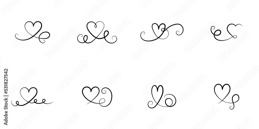 Conjunto de corazones estilo lazo. Concepto de amor. San Valentín. Colección de corazones dibujados a mano. Ilustración vectorial