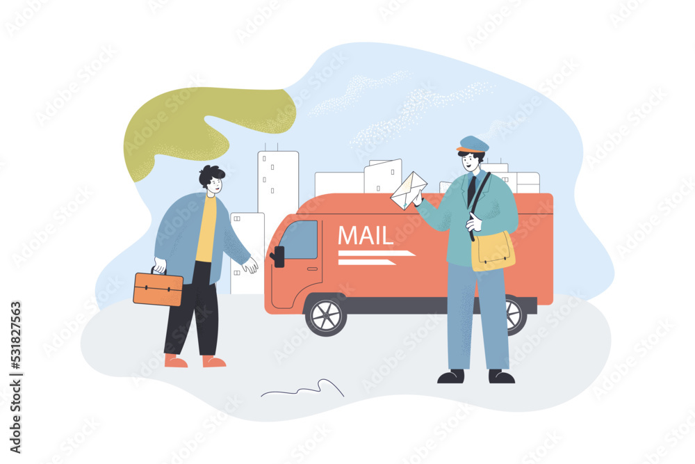 Postman delivering envelope with letter flat vector illustration. Postal carrier in uniform carrying messenger bag. Service, mail, delivery concept for banner, website design or landing web page