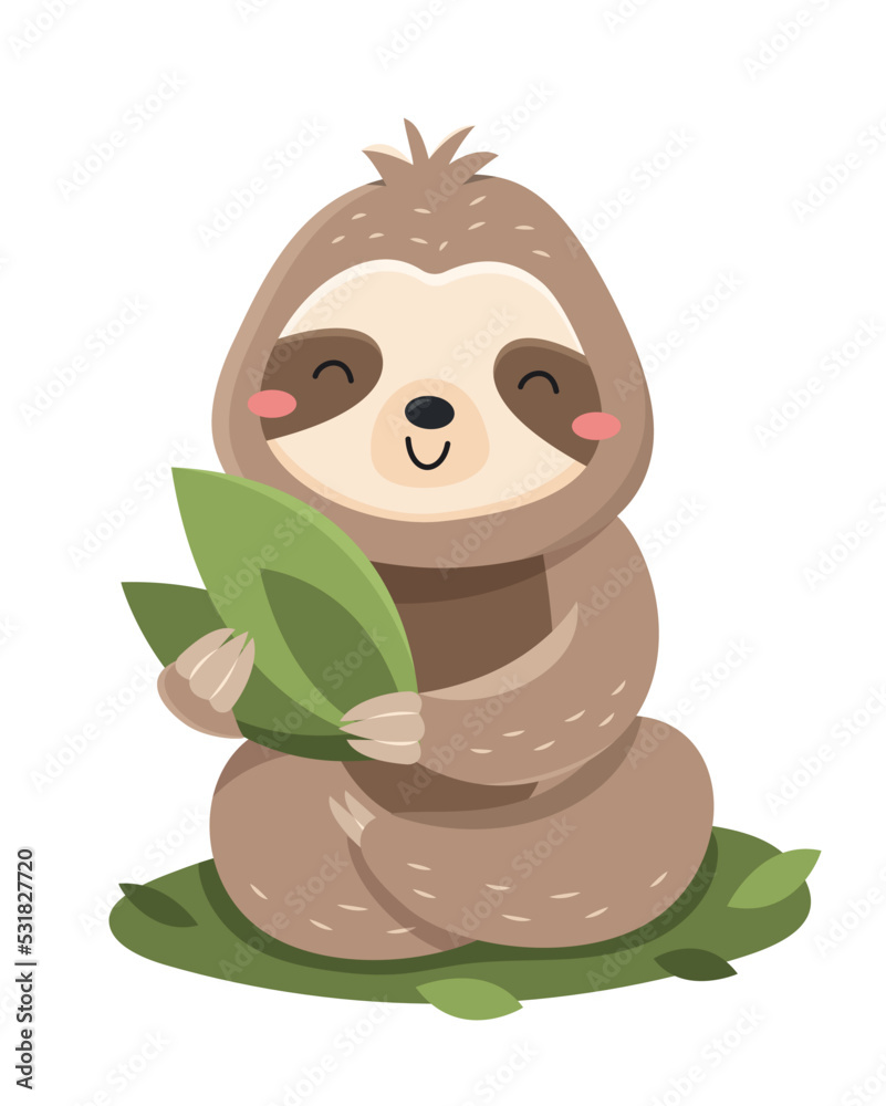 Fototapeta premium Funny cute sloth. Beautiful lazy wild animal sits on grass and holds green leaf. Design element for printing on fabric or paper. Cartoon flat vector illustration isolated on white background