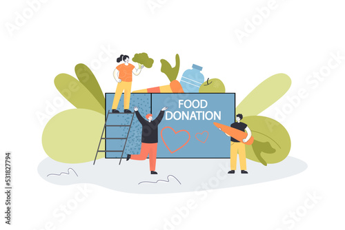 People donating food flat vector illustration. Men and woman collecting products for homeless and poor people. Charity, help, assistance concept for banner, website design or landing web page