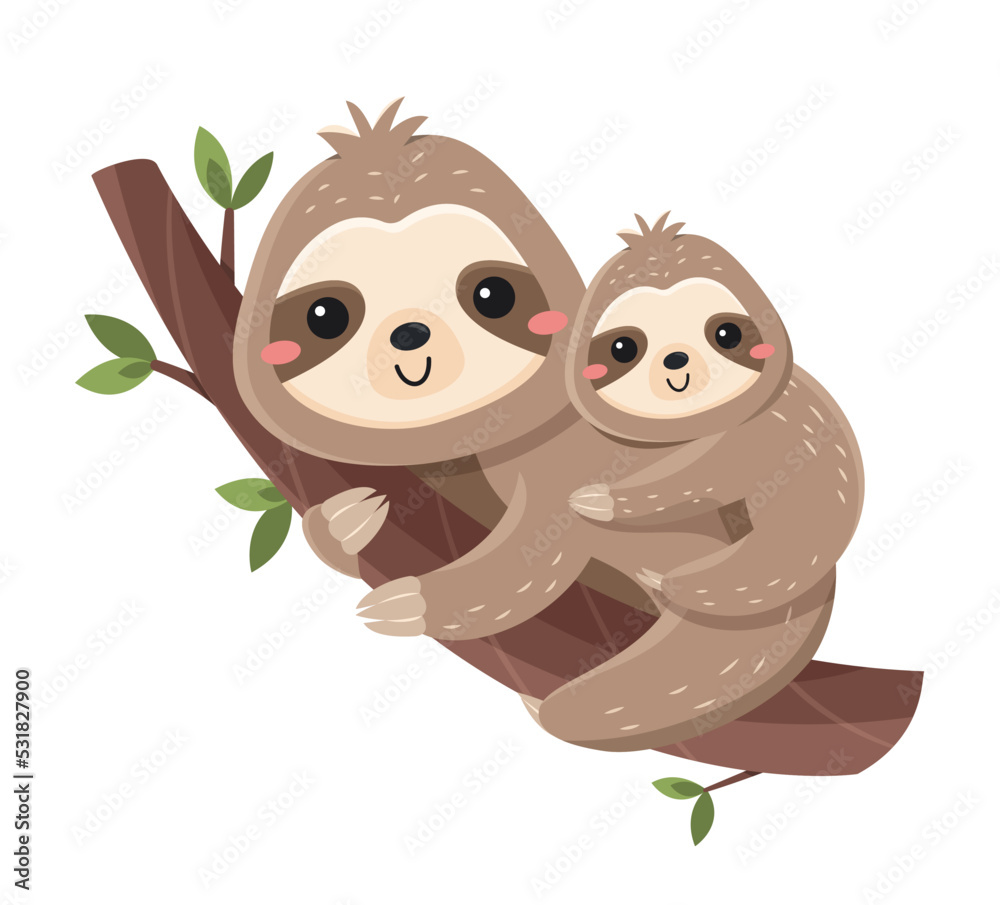 Fototapeta premium Funny cute sloth. Lazy animal with small cub lies on tree branch. Mother and baby mammals. Design element for printing on fabric or paper. Cartoon flat vector illustration isolated on white background