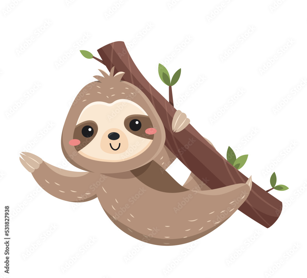 Fototapeta premium Funny cute sloth. Happy lazy animal hangs on tree branch and greets friends. Slow smiling mammal. Design element for printing on baby clothes. Cartoon flat vector illustration isolated on white