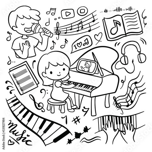 Cute Girl Doing Online Piano Practice in Cartoon Doodle Style