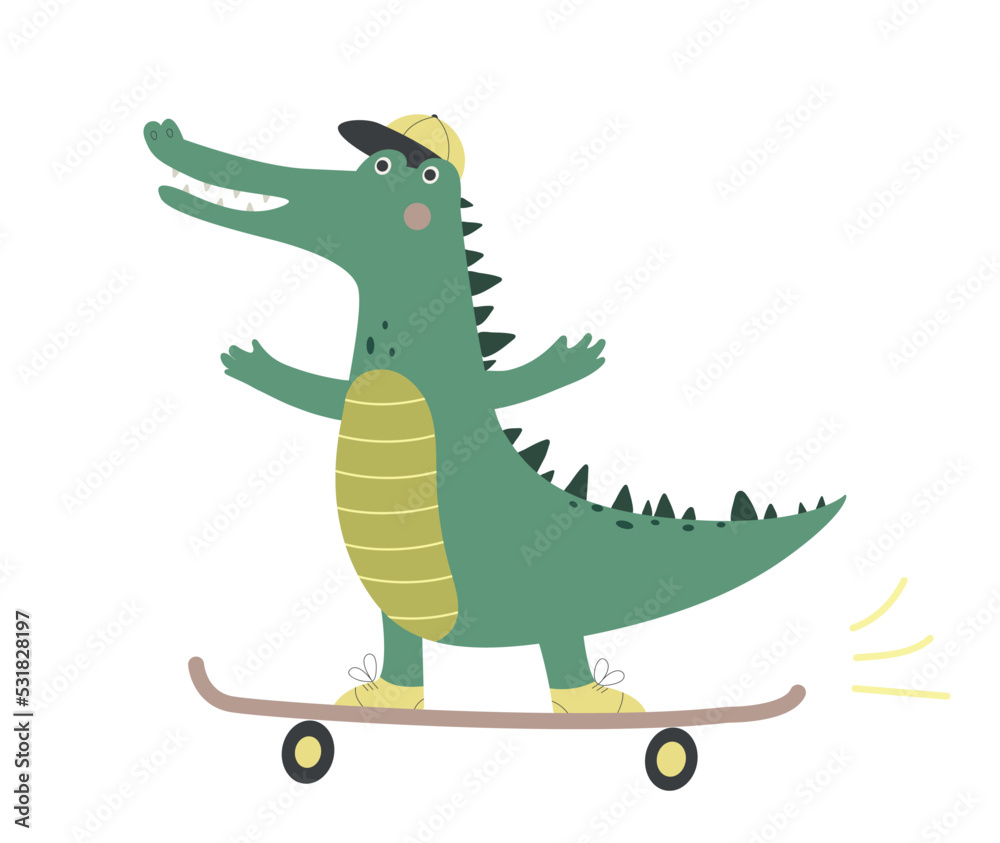 Cute funny crocodile. Smiling alligator teenager in cap rides skateboard. Design element for printing on fabric or children clothing. Cartoon flat vector illustration isolated on white background - obrazy, fototapety, plakaty 