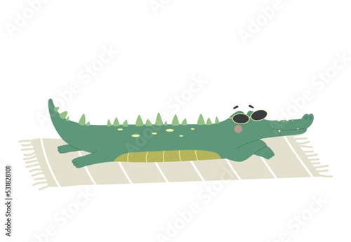 Cute funny crocodile. Green alligator in glasses lies on beach and sunbathes in sun. Design element for social media and print on paper. Cartoon flat vector illustration isolated on white background