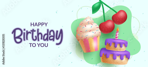 Birthday text vector background design. Happy birthday typography with cup cake, cake and cherry elements for kids party celebration banner. Vector Illustration.
