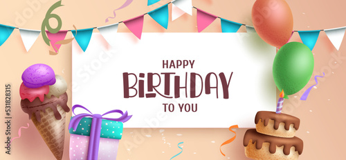 Happy birthday template vector design. Birthday greeting text in empty space with pennants, gift, ice cream and balloons for kids party background decoration. Vector Illustration.
