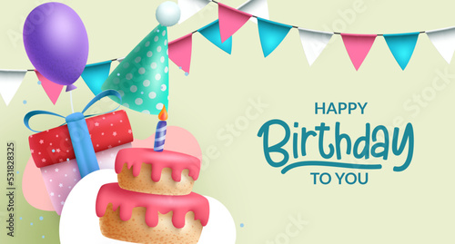 Happy birthday vector background design. Birthday greeting text with party decorations for occasion banner. Vector Illustration.
