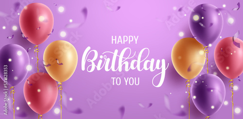 Birthday greeting vector background design. Happy birthday to you text in purple space with floating balloons and confetti elements for birth day messages. Vector illustration.
