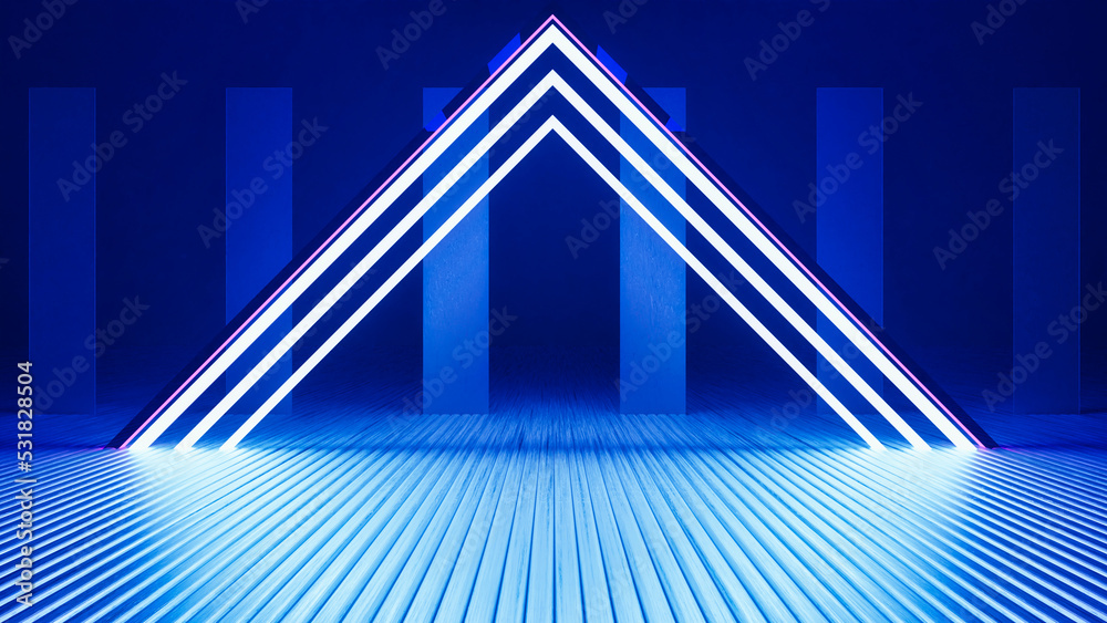 Naklejka premium Futuristic Triangle Sci-Fi Abstract Blue Neon Light square On Black Background And Reflective Concrete With Empty Space For Text 3D Rendering