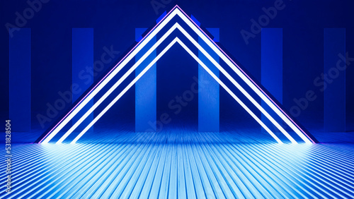 Futuristic Triangle Sci-Fi Abstract Blue Neon Light square On Black Background And Reflective Concrete With Empty Space For Text 3D Rendering