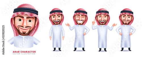 Arab business man vector character set. Arabian male characters in happy facial expression isolated in white background for investor collection design. Vector illustration.
