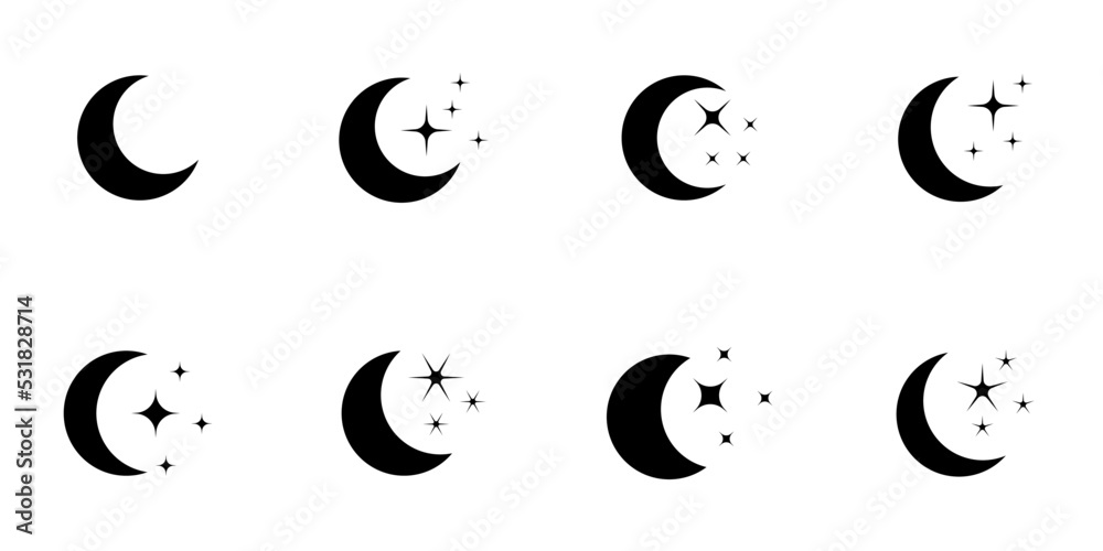 Conjunto de iconos de luna con brillo de luces. Concepto de oscuridad, noche y fases de la luna. Ilustración vectorial - obrazy, fototapety, plakaty 