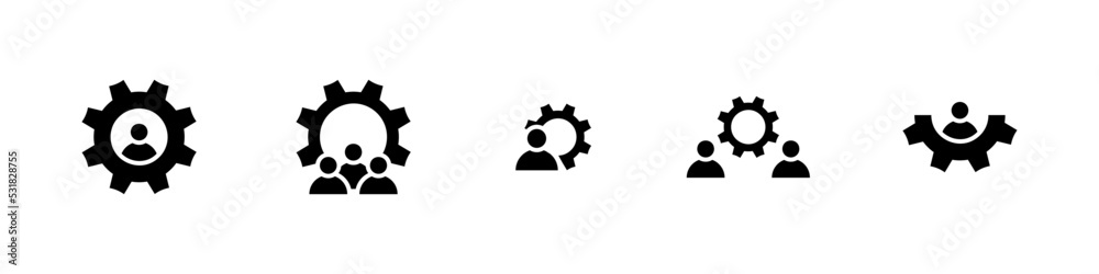 Conjunto de icono de administrador y trabajo en equipo. Concepto de mantenimiento y ajustes de red. Reparación mecánica. Ilustración vectorial Conjunto de icono de administrador y trabajo en equipo. Concepto de mantenimiento y ajustes de red. Reparación mecánica. Ilustración vectorial