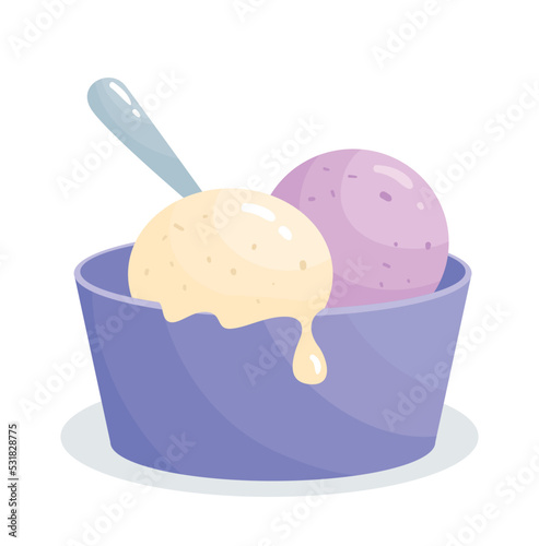 Dairy product concept. Icon with scoops of delicious creamy ice cream in bowl. Organic sweet dessert. Design element for print or websites. Cartoon flat vector collection isolated on white background