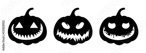 Set of halloween pumpkins, different faces on white background. silhouette pumpkin with smile for holiday Halloween.