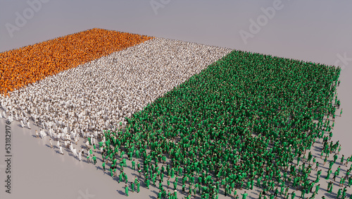 Aerial view of a Crowd of People, coming together to form the Flag of Ivory Coast. Ivorian Banner on White Background. photo