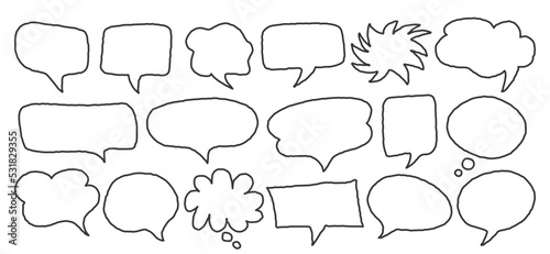 Scribble linear speech bubble icon in various shapes isolated, roughen comic cloud bubble outline vector design, empty dialog balloon, chat icon set