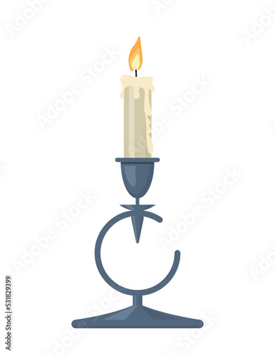 Vintage decorative candle concept. Forged steel candelabrum with small burning wax candle. Design element for social media and print. Cartoon flat vector illustration isolated on white background